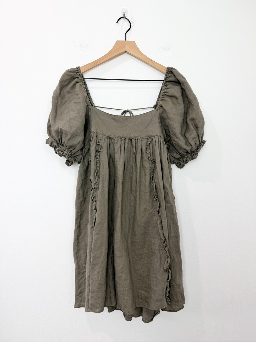 Mable 100% Linen Babydoll Mini Dress Ruffle Puff Sleeves Size Medium - Picture 2 of 8